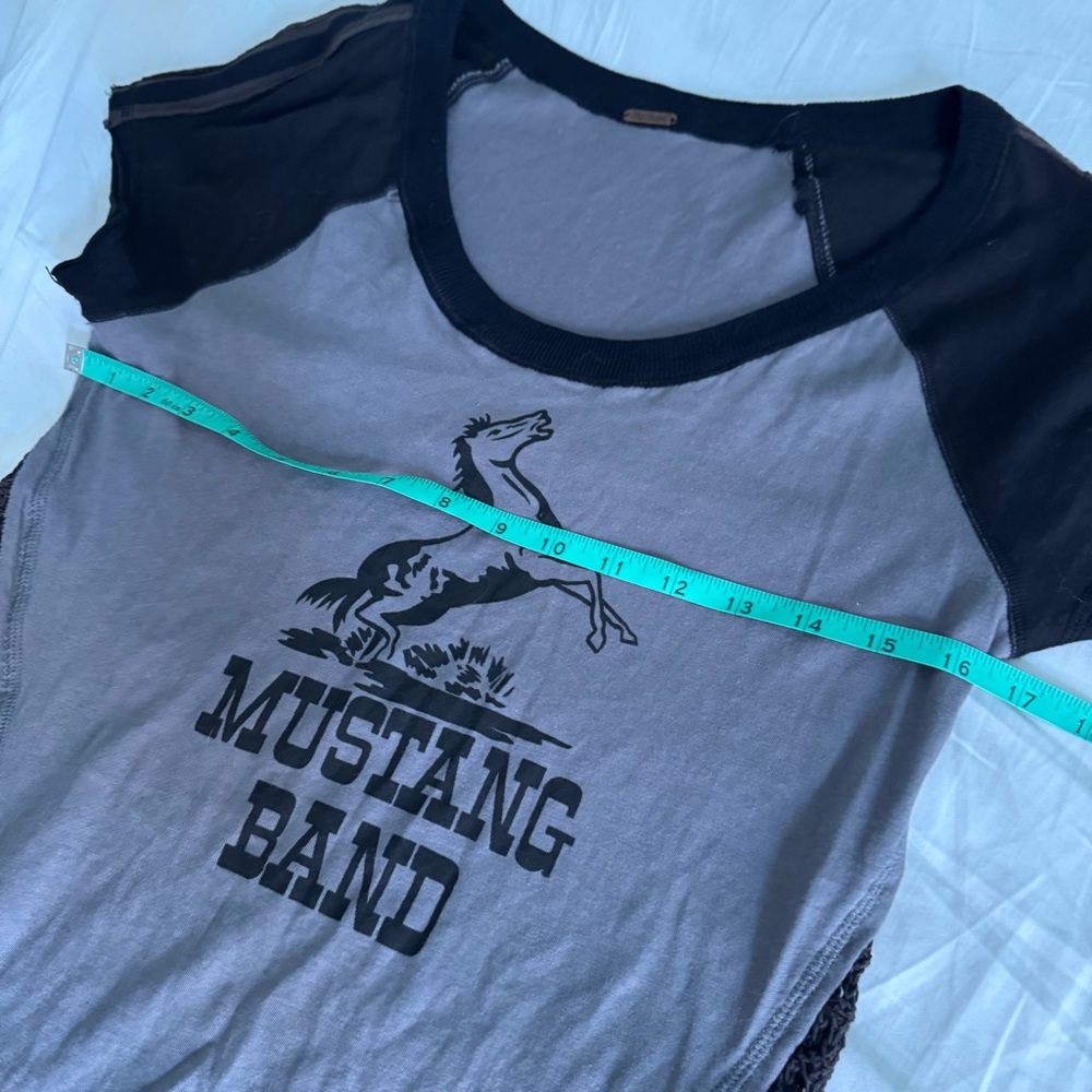 Free People Mustang Band Tee Crochet Mesh Back Top gray black Small mixed media - Picture 6 of 11